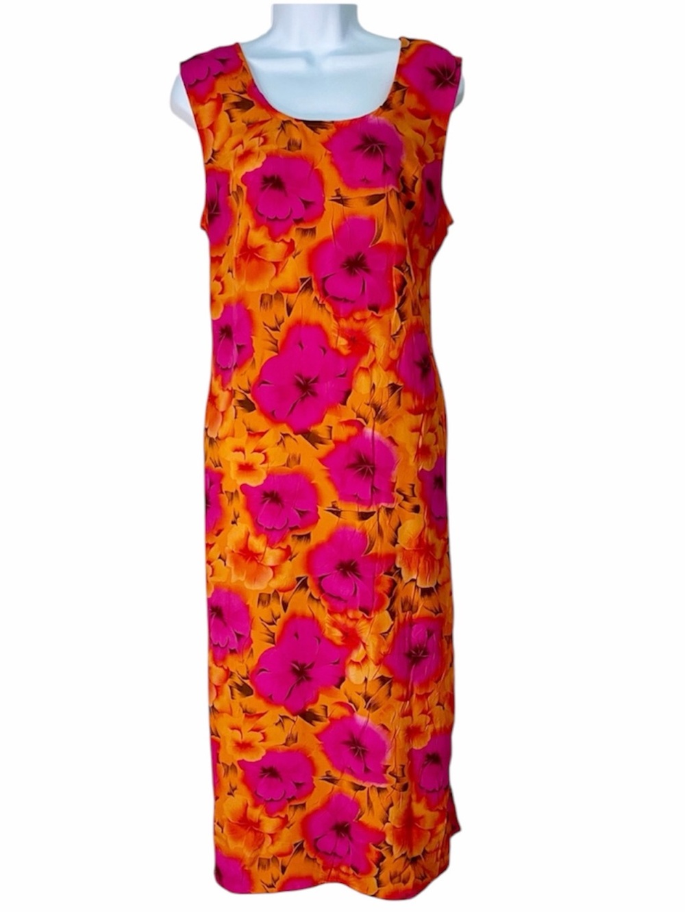 Esmerelda Fashions Bright Tropical Floral Sun Midi Sleeveless Dress Orange Pink